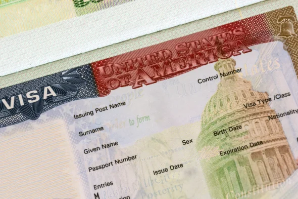 American visa in passport closeup